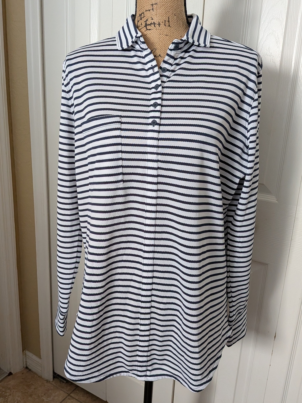 Columbia Golf Navy and White Striped Button-Down Long Sleeve Shirt
